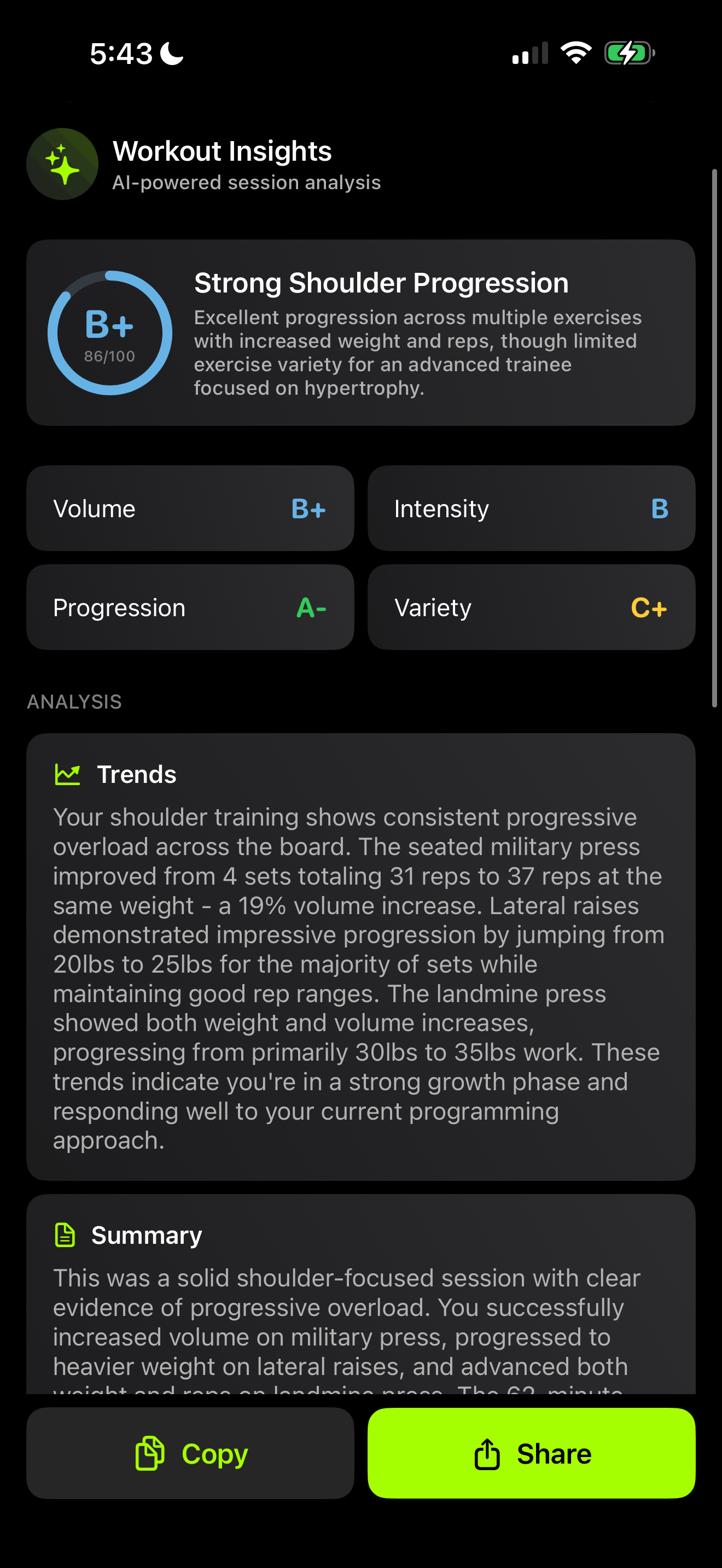 Session Debrief screen showing workout analysis
